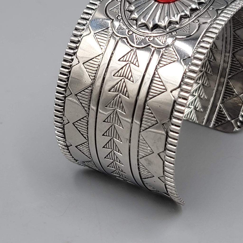 Southwest Red Accent Cuff Bracelet Silver tone 7 in