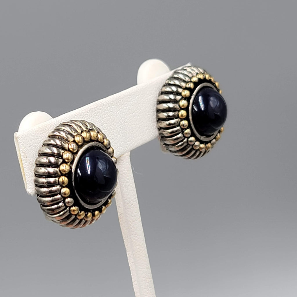 Vintage Navy Blue Cabochon Clip on Earrings Silver & Gold Plated 7/8 in