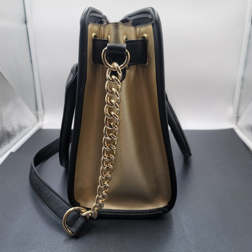 Dasein Womens Fashion Large Faux Leather Satchel Handbag Floral Black Gold tone