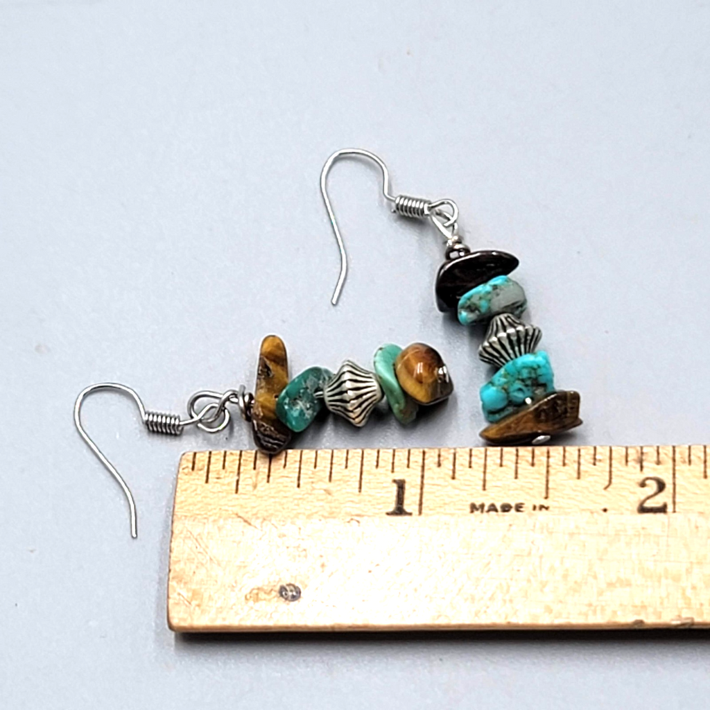 Turquoise and Tigers Eye Chip Beads Pierced Earrings Silver tone Dangle 1 1/8"