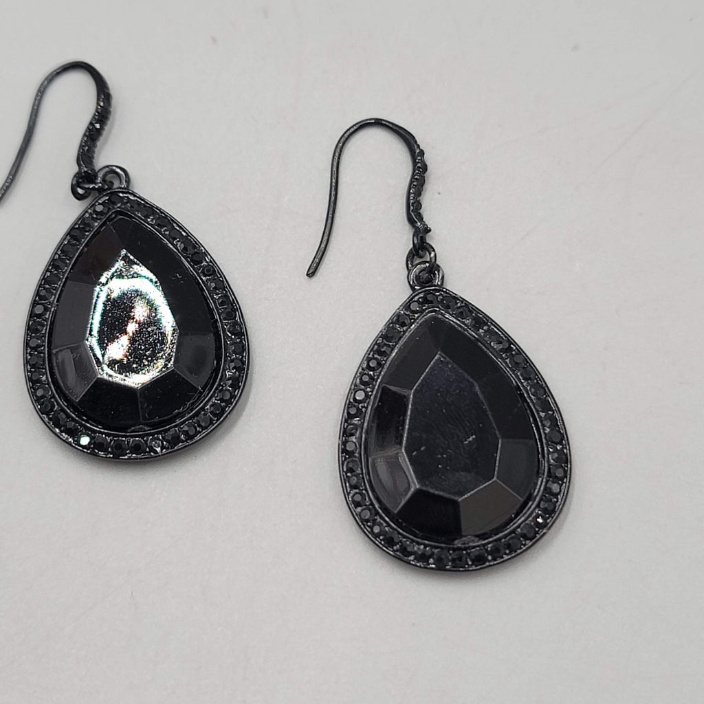 Black Enamel Teardrop Rhinestone Pierced Earrings Dangle 1 3/8 in