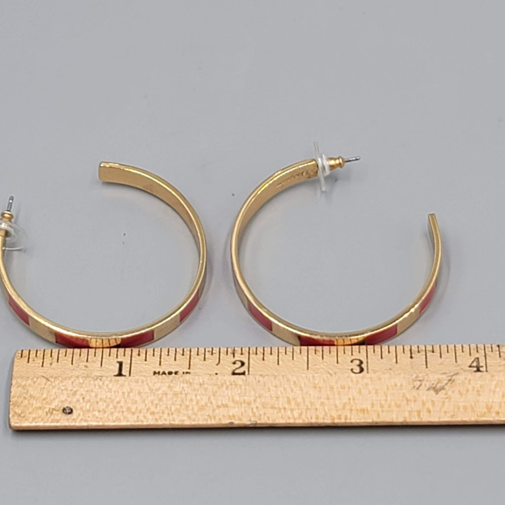 J Crew Hoop Pierced Earrings Red Enamel Gold tone 1.75"