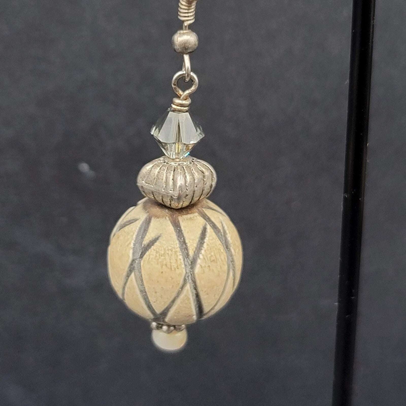 Vintage Pierced Earrings Silver tone Crystal and Wood Carved Bead Dangle 1.5"