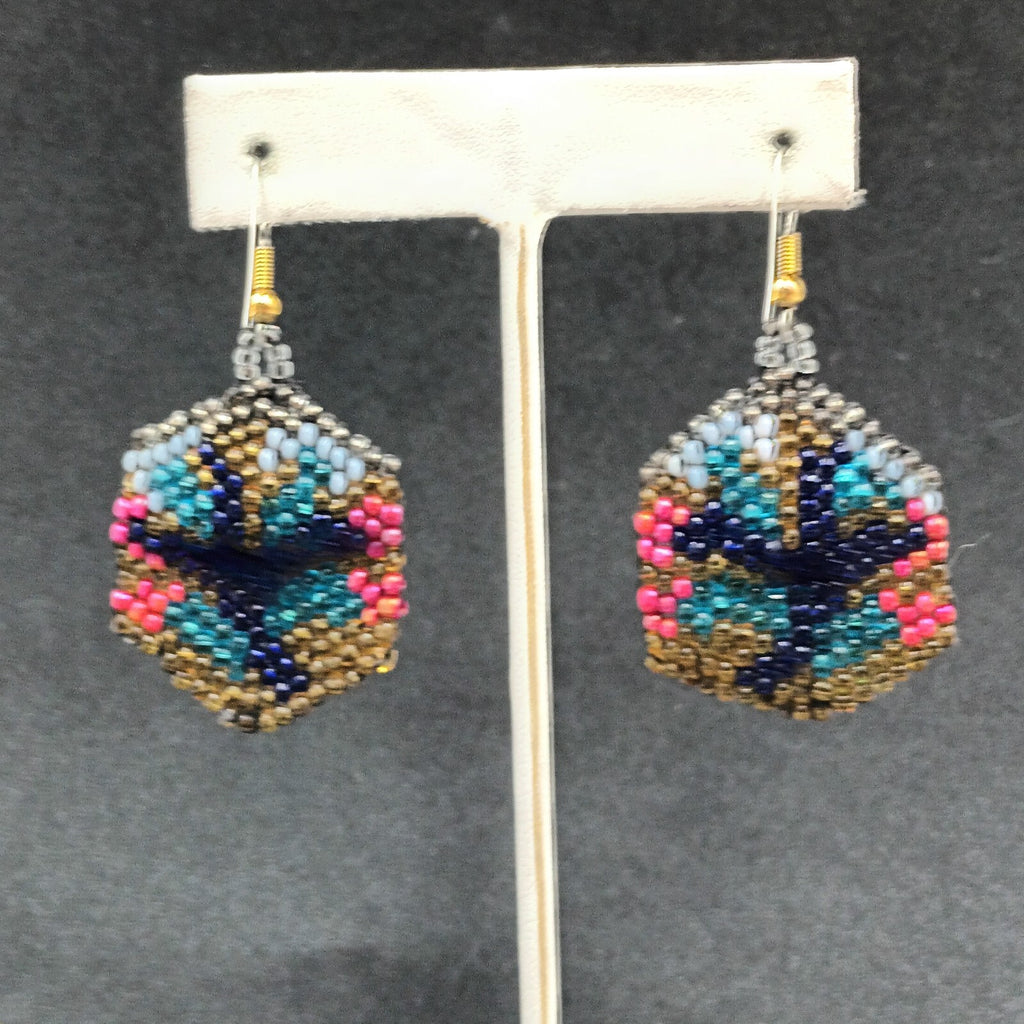 Pierced Earrings Multicolor Seed Bead Art Silver tone Hook Dangle 1 1/2"