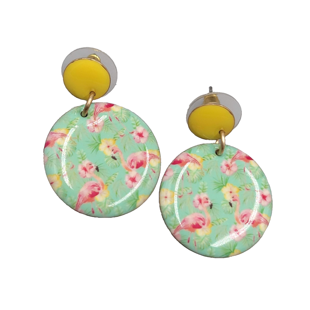 Pink Flamingo Pierced Earrings Yellow Enamel Round Dangle 1 3/8 in