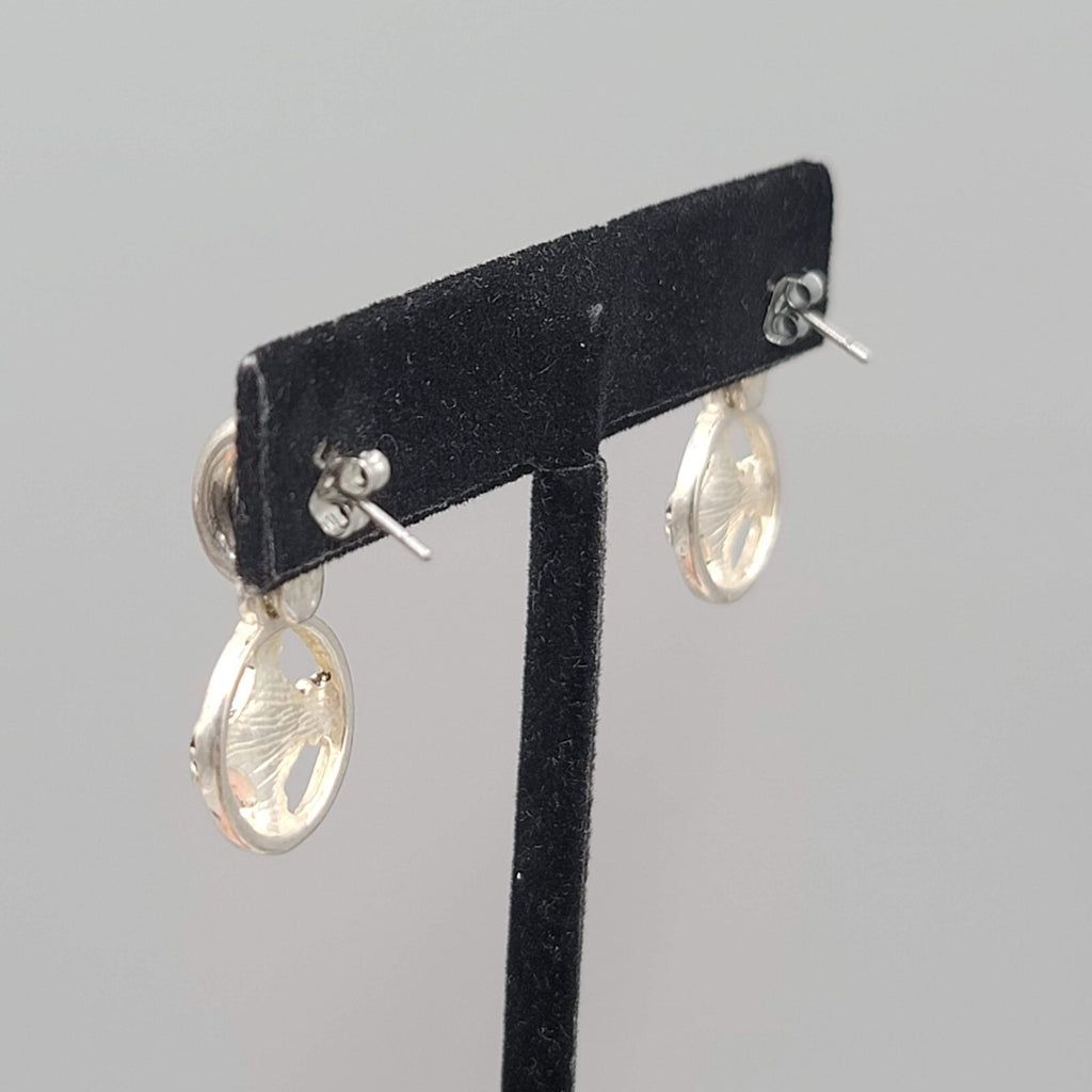 Pierced Earrings Silver tone Dangle Hoops Embossed Bird 1"