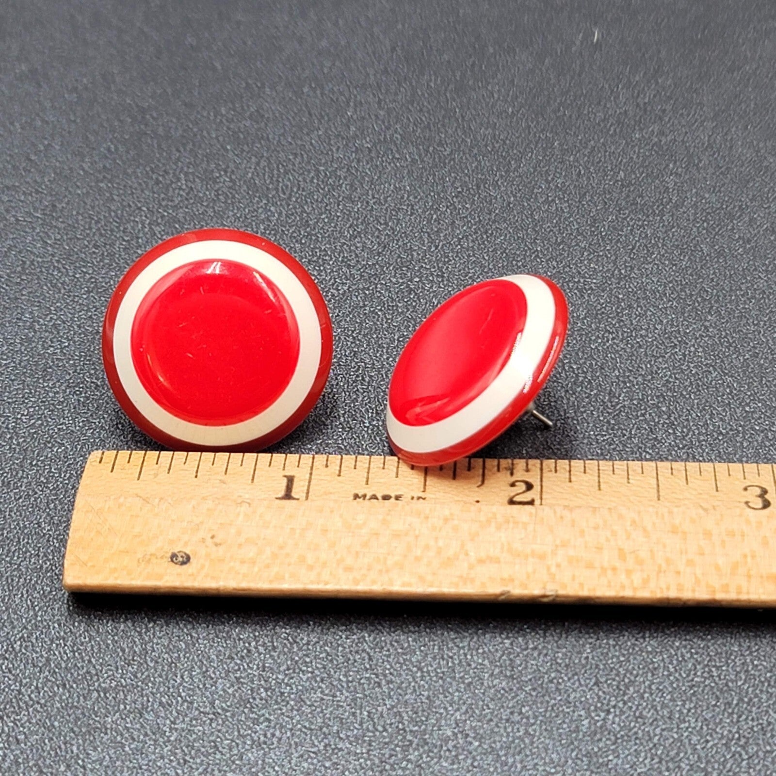 Vintage Pierced Earrings Bright Red and White Acrylic Round Studs 1"