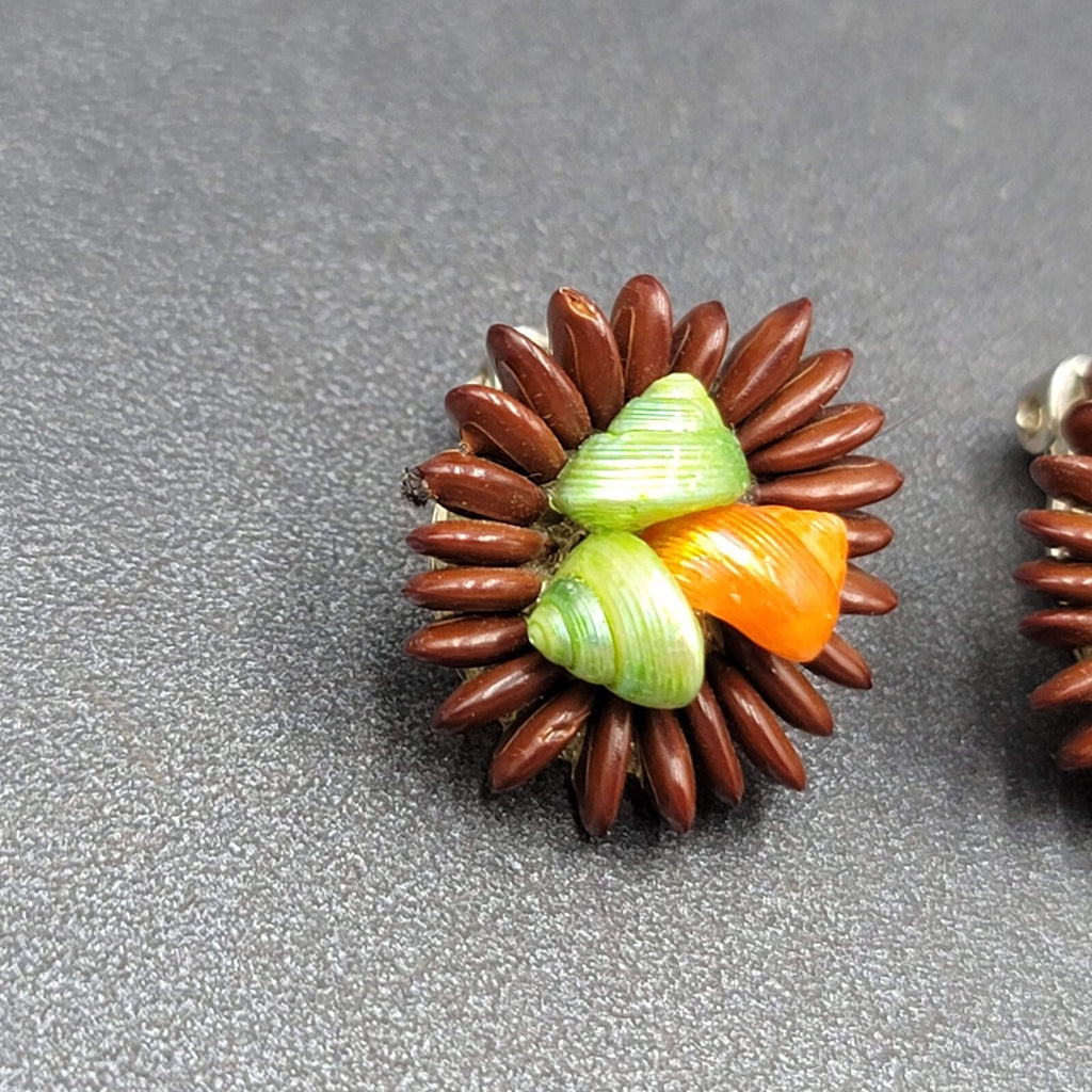 Vintage Clip on Earrings Apple Seed Seashells Button Style 1"