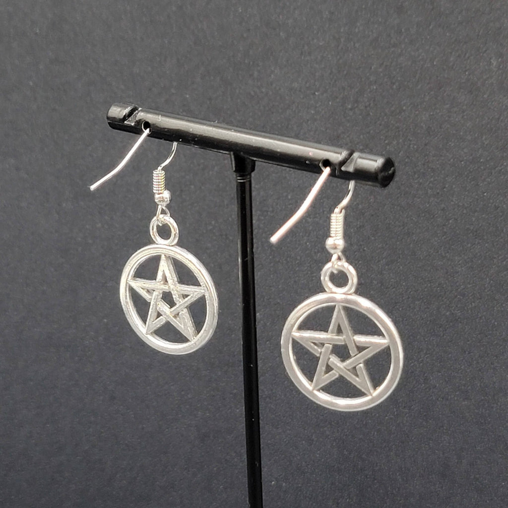 New Pentagram Circle Pierced Earrings Smooth Silver tone Dangle 1"