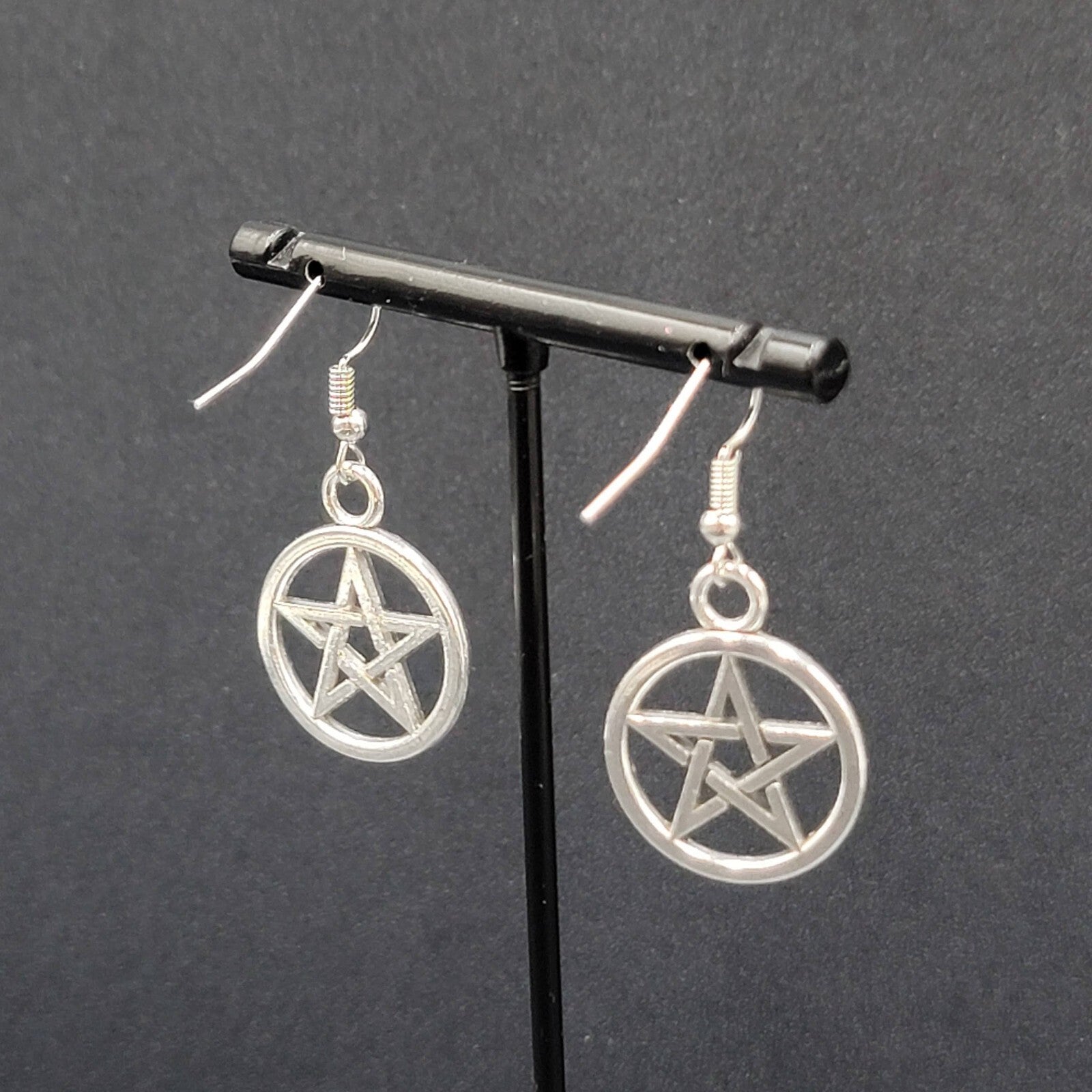 New Pentagram Circle Pierced Earrings Smooth Silver tone Dangle 1"