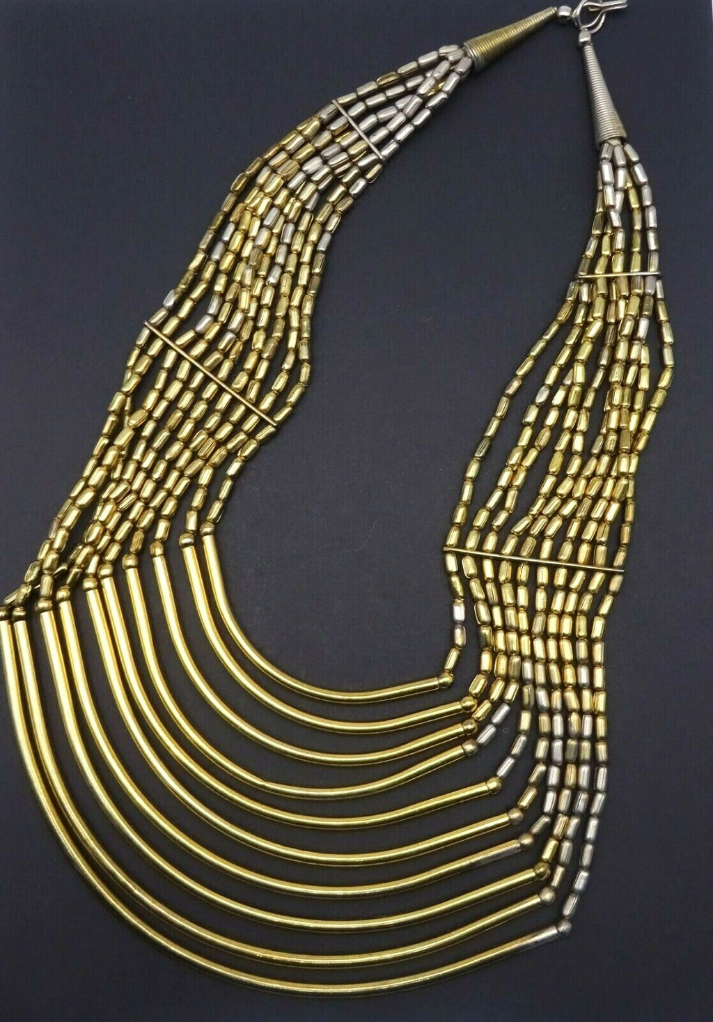 Large Multi Strand Statemet Necklace 18" Two-toned Gold & Silver Metal Beads