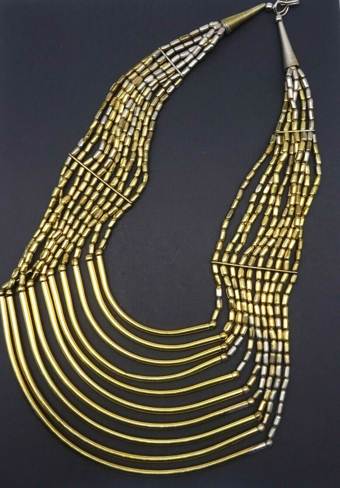 Large Multi Strand Statemet Necklace 18" Two-toned Gold & Silver Metal Beads