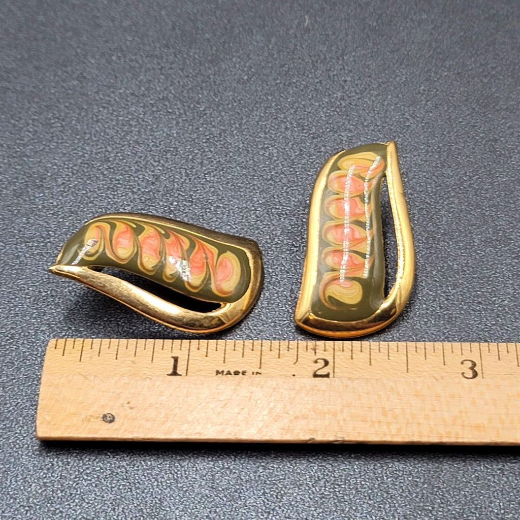 Vintage Pierced Earrings Gold tone Green Pink Enamel Swirl Statement Drop 1.5"