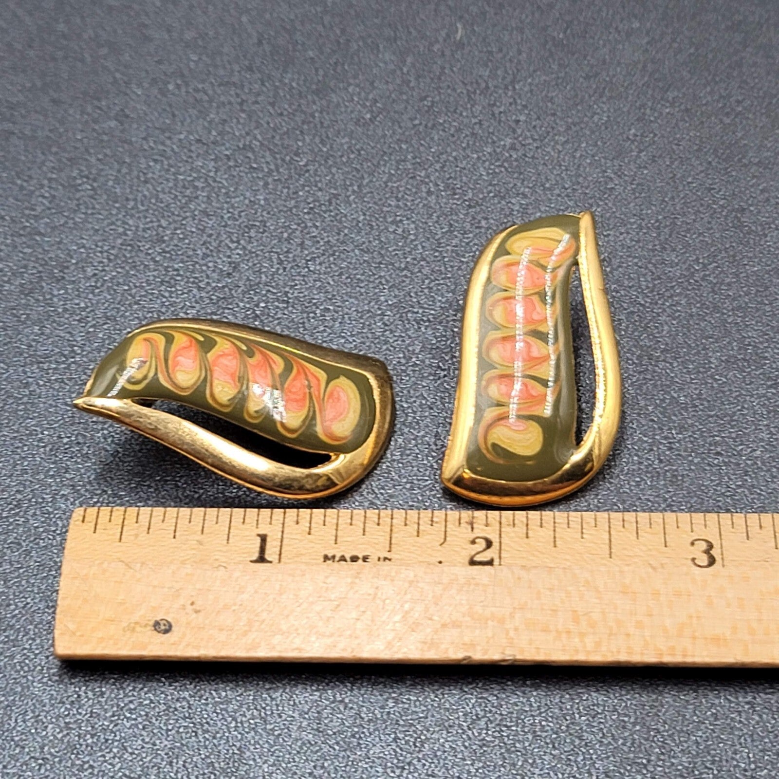 Vintage Pierced Earrings Gold tone Green Pink Enamel Swirl Statement Drop 1.5"