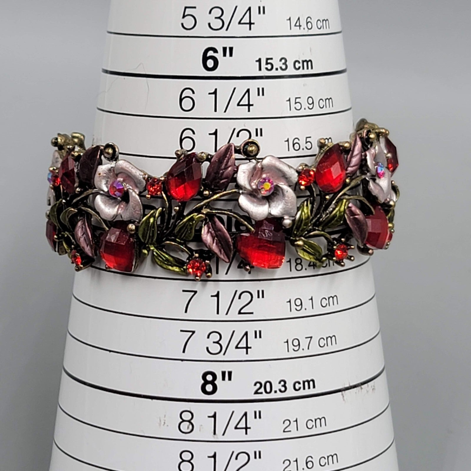 Pink Enamel Rhinestones Flowers Bracelet Bronze tone 7 in