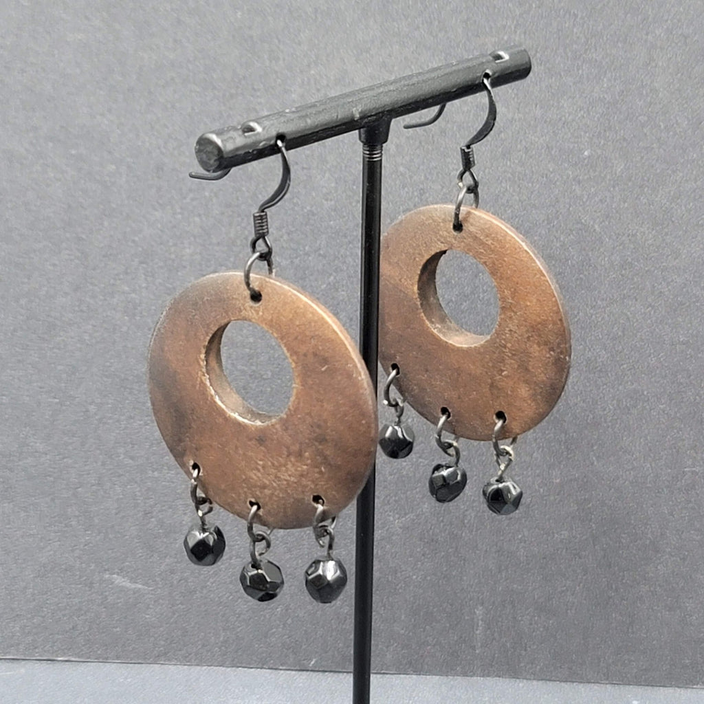 Pierced Earrings Black Metal Round Wood Black Beads Dangle 1.75"