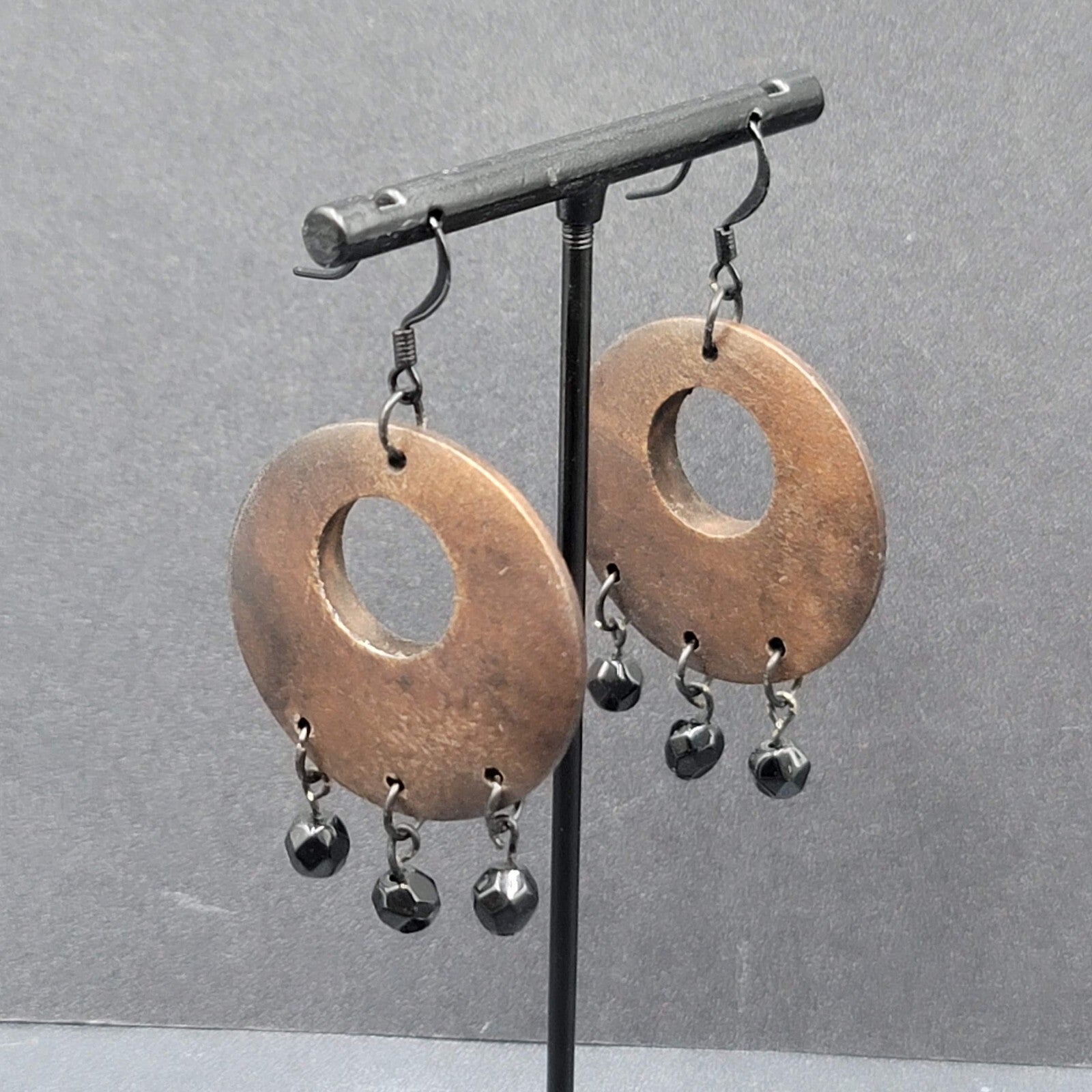 Pierced Earrings Black Metal Round Wood Black Beads Dangle 1.75"