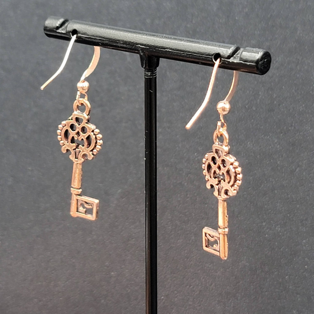 Skeleton Key Pierced Earrings Copper tone Dangle 1 1/8"