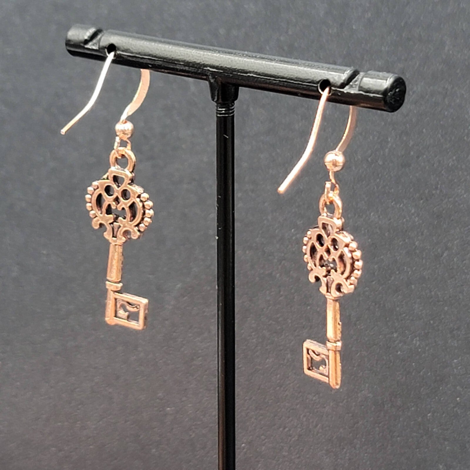 Skeleton Key Pierced Earrings Copper tone Dangle 1 1/8"