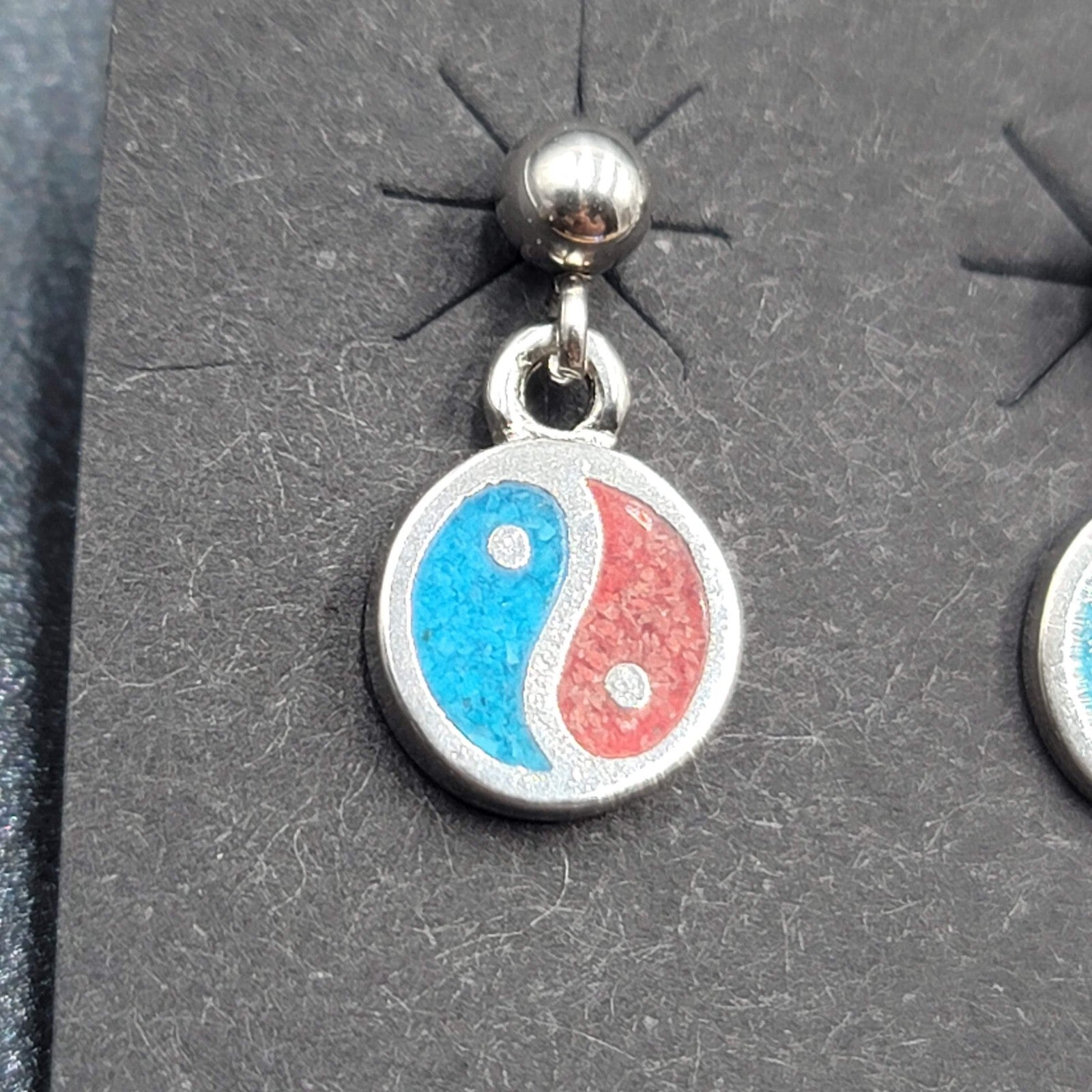 Vintage Peace Sign Pierced Earrings Silver Plated Turquoise Coral Inlay NOS