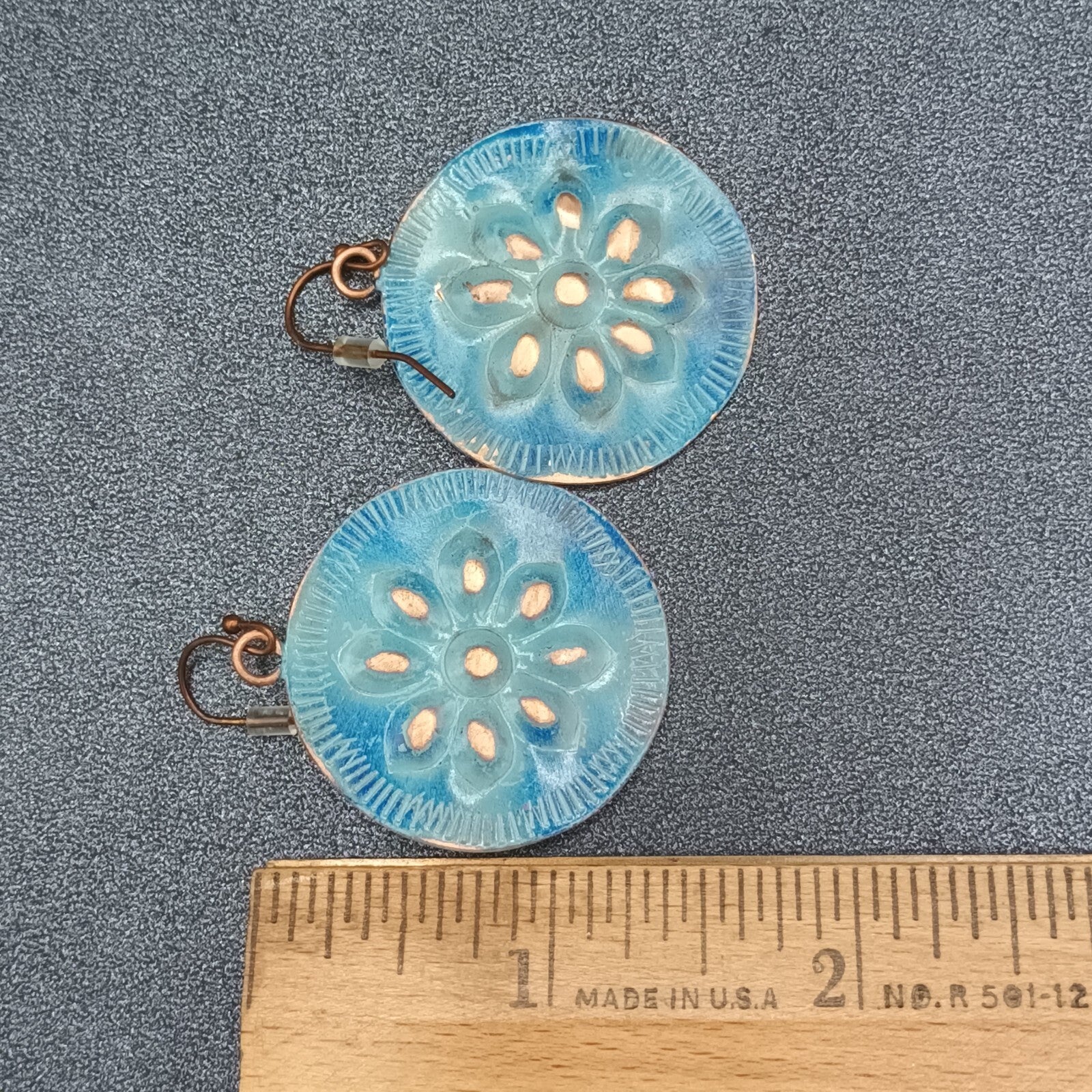 Pierced Earrings Copper tone Blue Enamel Flower Embossed Discs Dangle Boho 1.25"