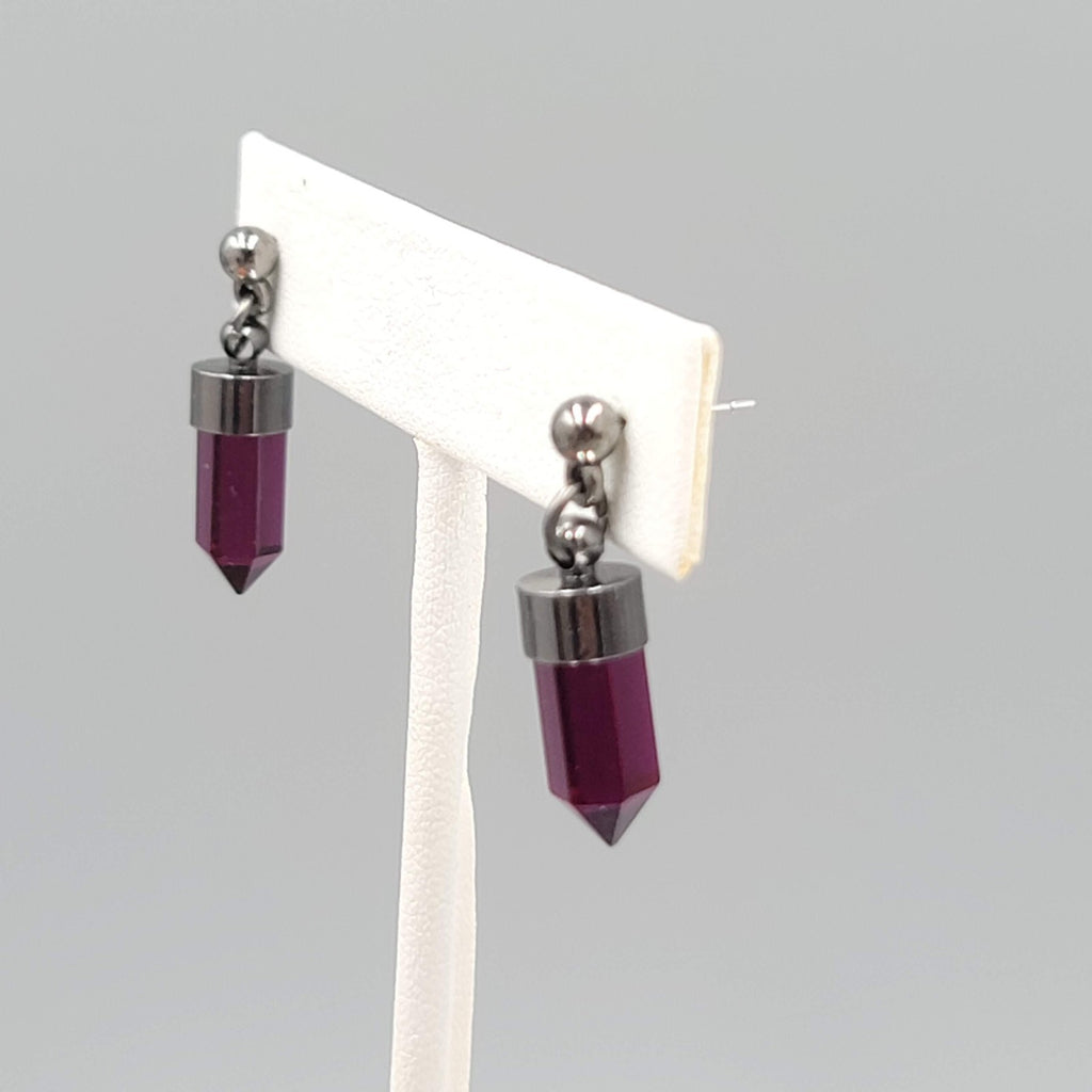 Dark Purple Acrylic Prism Pierced Earrings Gun Metal Gray 3/4 in
