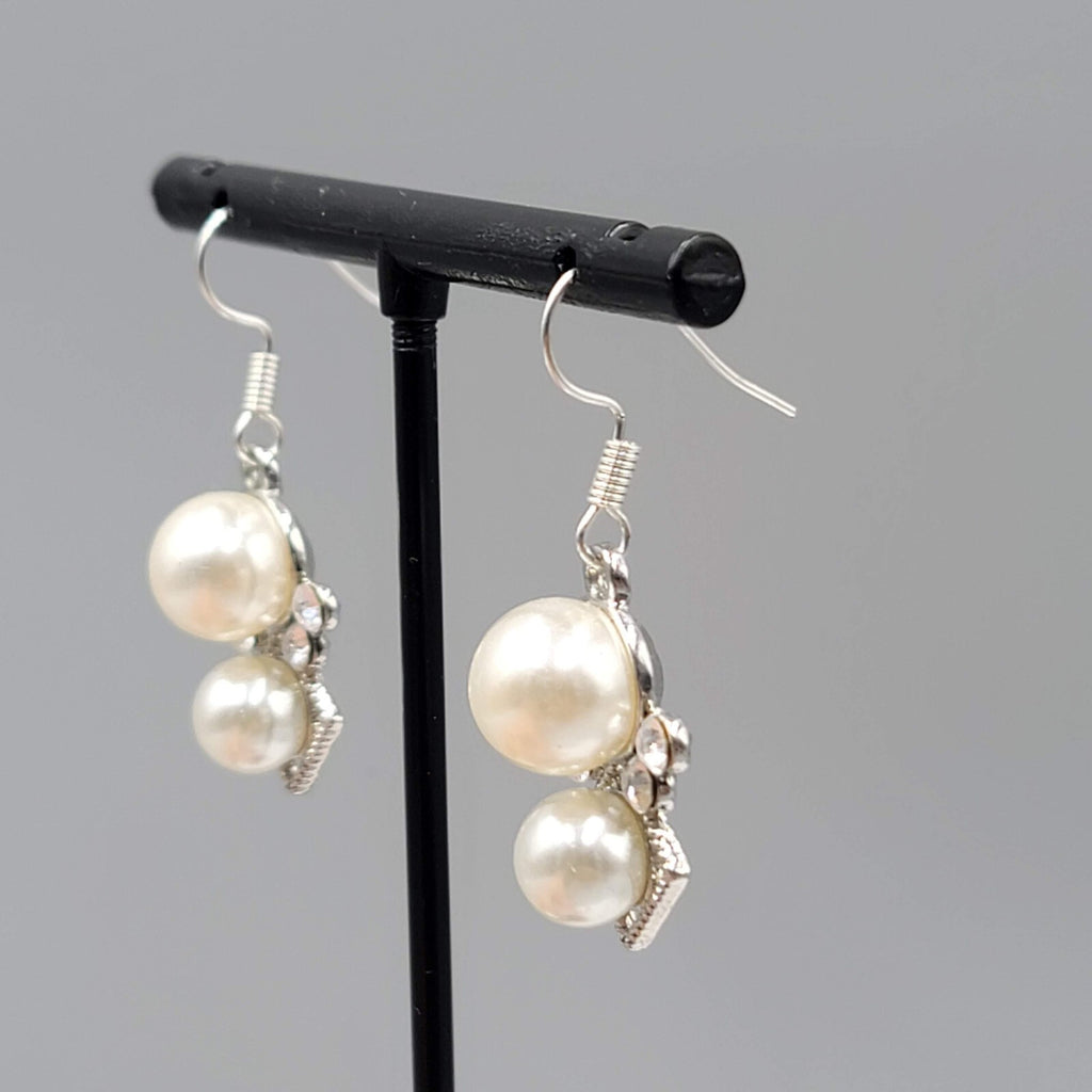 Pierced Earrings Silver tone Faux Pearl White Bead Rhinestone Dangle 7/8"