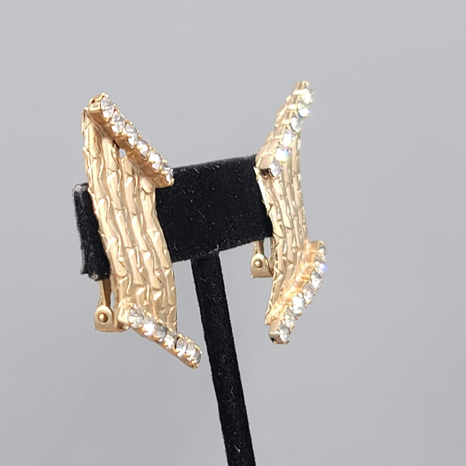 Vintage Rhinestone Clip on Earrings Gold tone Climber Statement 1.75"