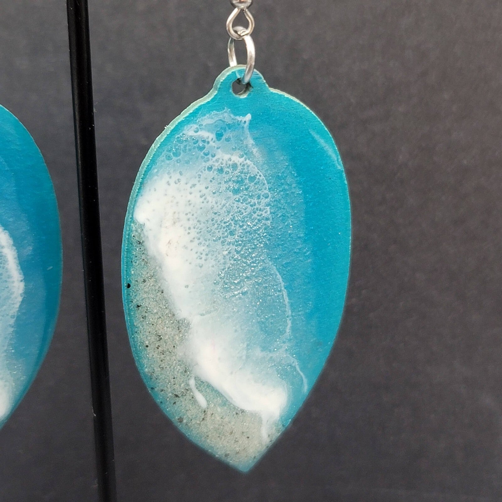 Pierced Earrings Silver tone Resin on Wood Ocean Beach Scene Large Dangle 2.5"