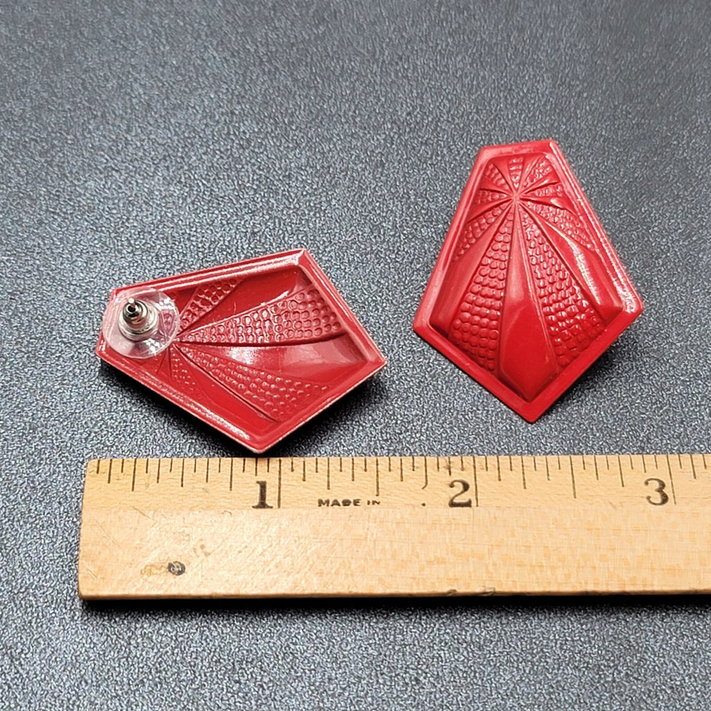 Vintage Pierced Earrings Red Embossed Enamel over Metal Drop 1.5"