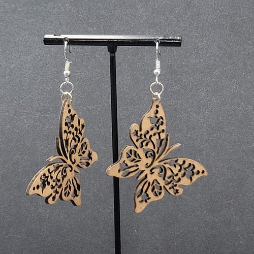 Butterfly Pierced Earrings Laser Cut Wood Dangle Large 2"