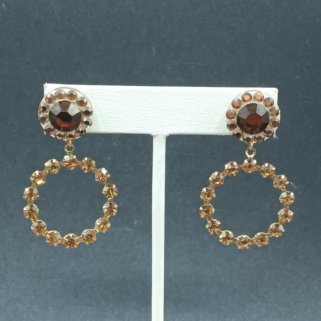 Pierced Earrings Gold tone Brown Faceted Crystal Open Round Dangle 1 7/8"