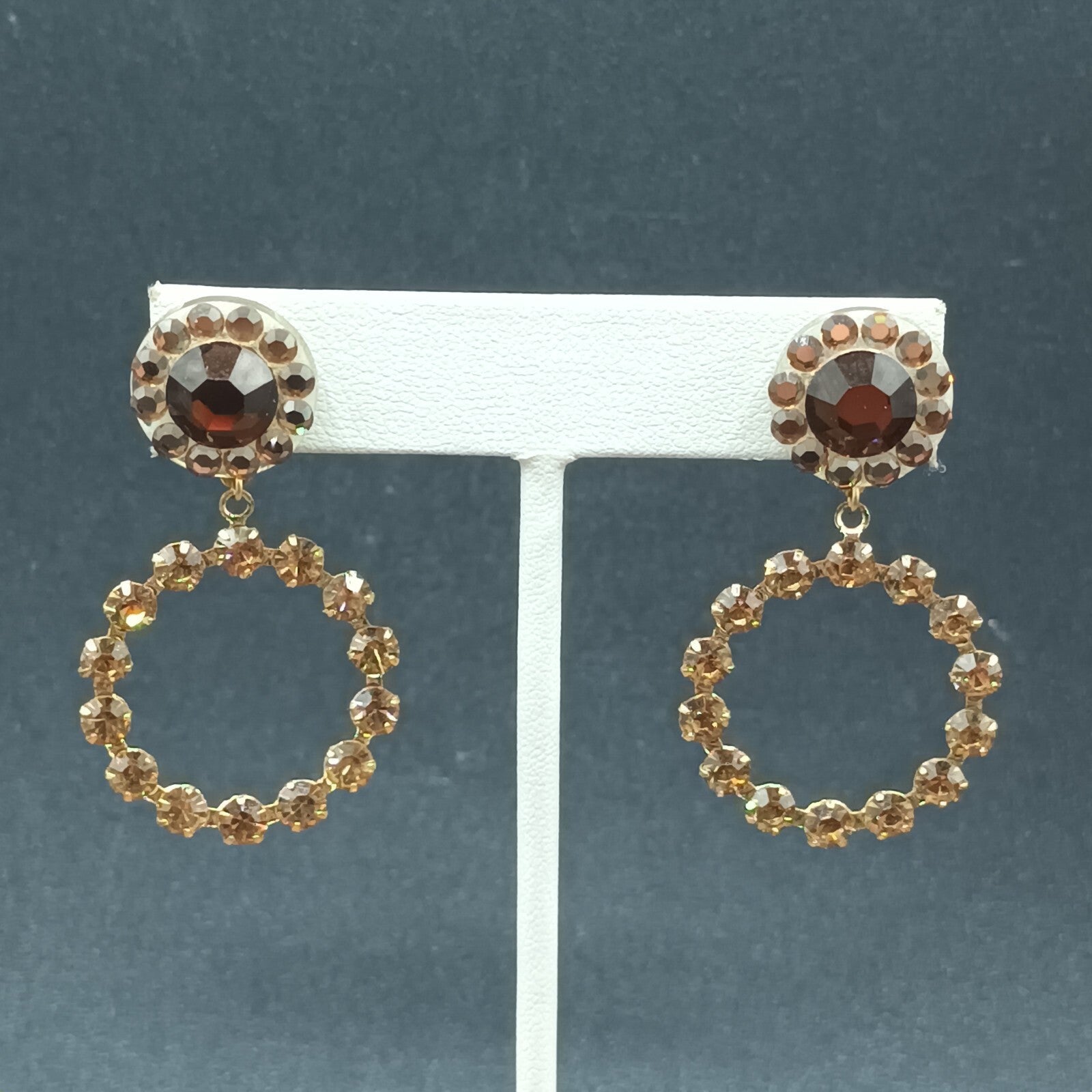 Pierced Earrings Gold tone Brown Faceted Crystal Open Round Dangle 1 7/8"