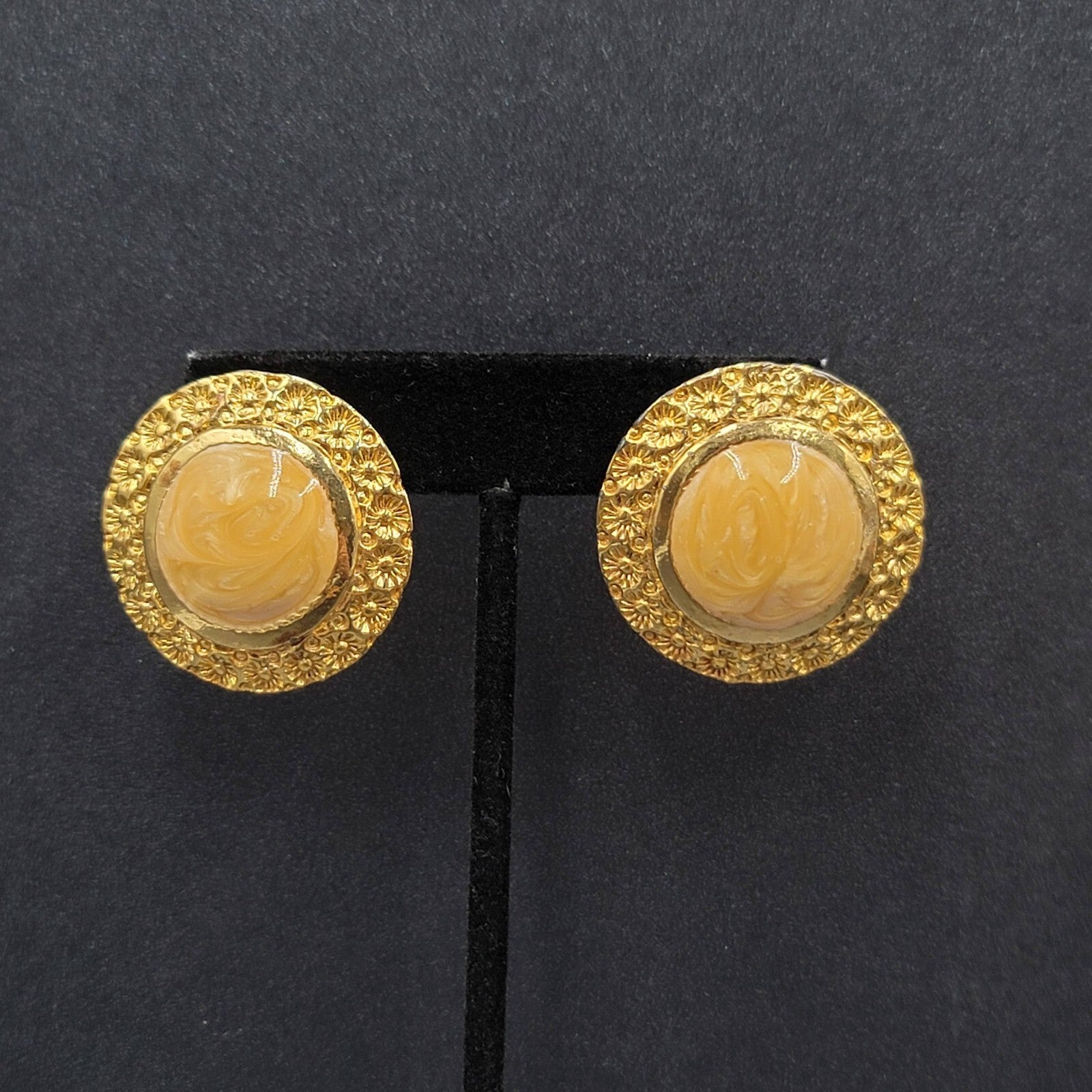 Vintage Pierced Earrings Gold Plated Large Round Enamel 1.25"