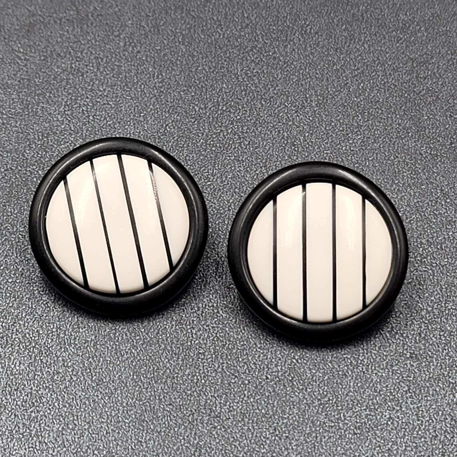 Vintage Pierced Earrings Black White Striped Round Drop 1.25"