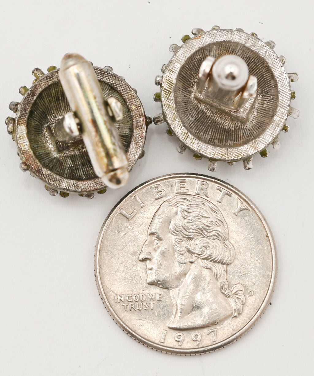 Vtg Cufflinks Dante Continental Silver Tone Green Spiky Mens Flip Backing Casual