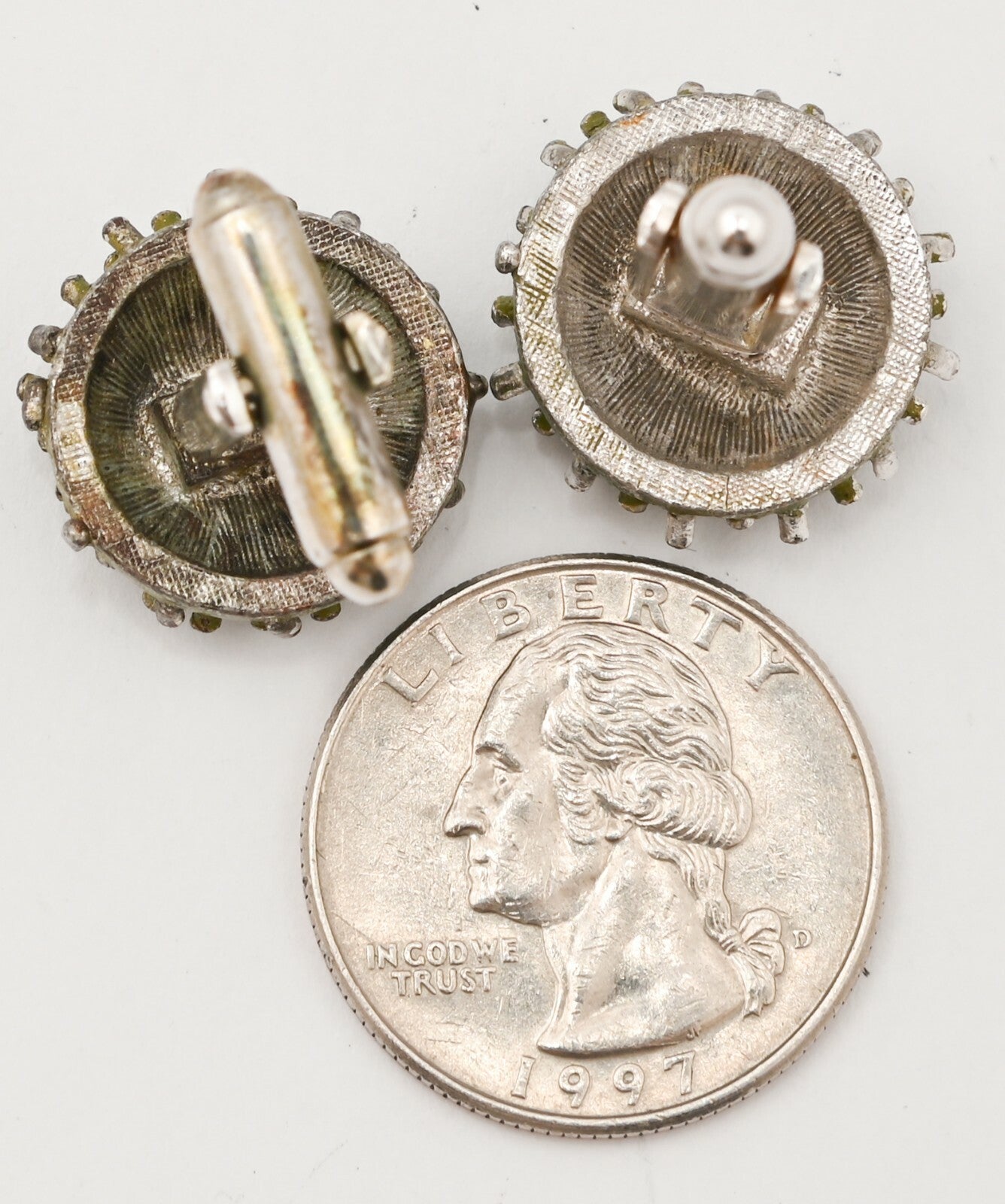 Vtg Cufflinks Dante Continental Silver Tone Green Spiky Mens Flip Backing Casual