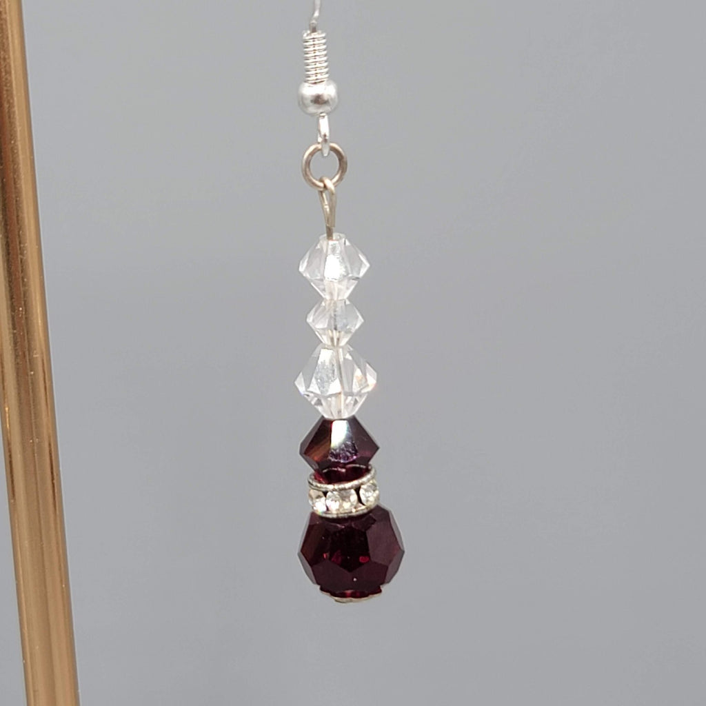 Red Clear Crystal Bead Pierced Earrings Silver tone Dangle 1.25"