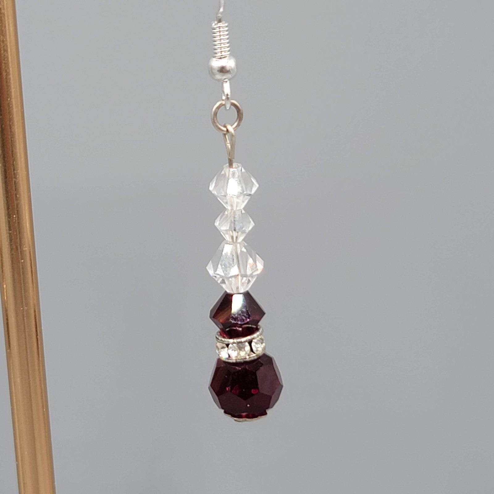 Red Clear Crystal Bead Pierced Earrings Silver tone Dangle 1.25"