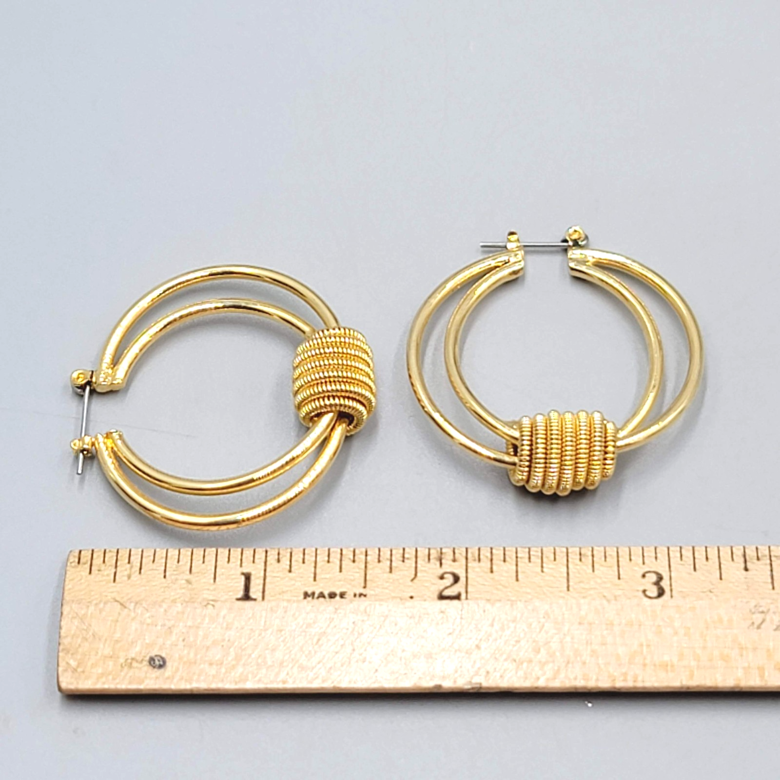 Double Hoops Coiled Pierced Earrings Gold tone Dangle 1.5"
