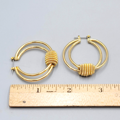 Double Hoops Coiled Pierced Earrings Gold tone Dangle 1.5"