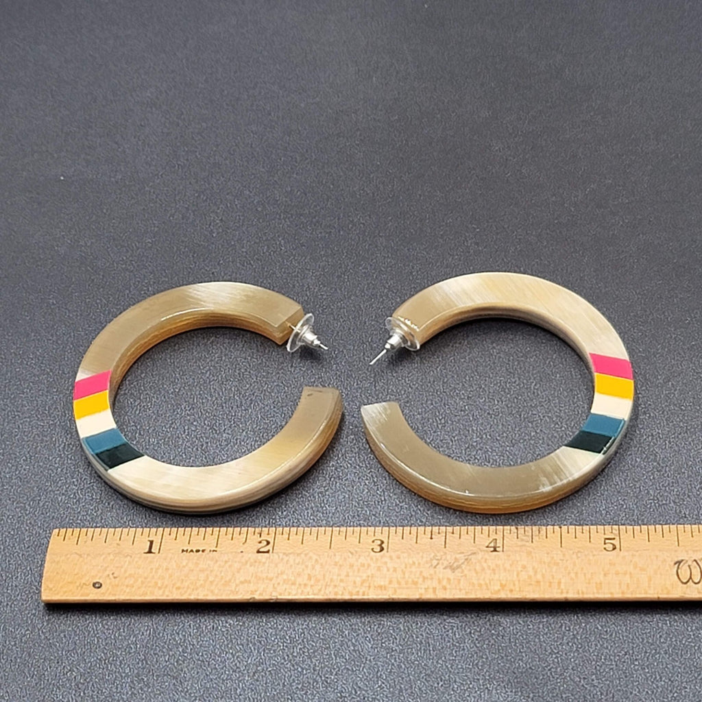 Pierced Earrings Resin Faux Horn Hoops Hand Painted 2 3/8"