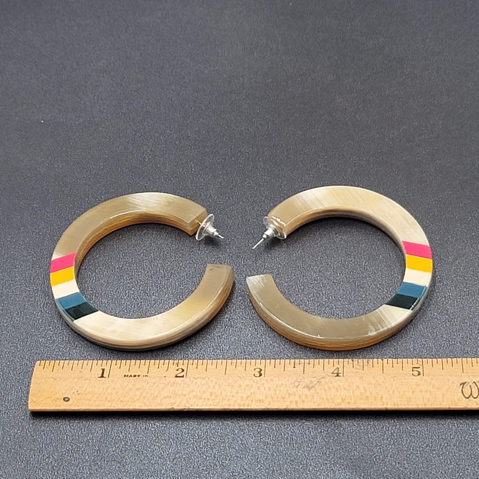 Pierced Earrings Resin Faux Horn Hoops Hand Painted 2 3/8"