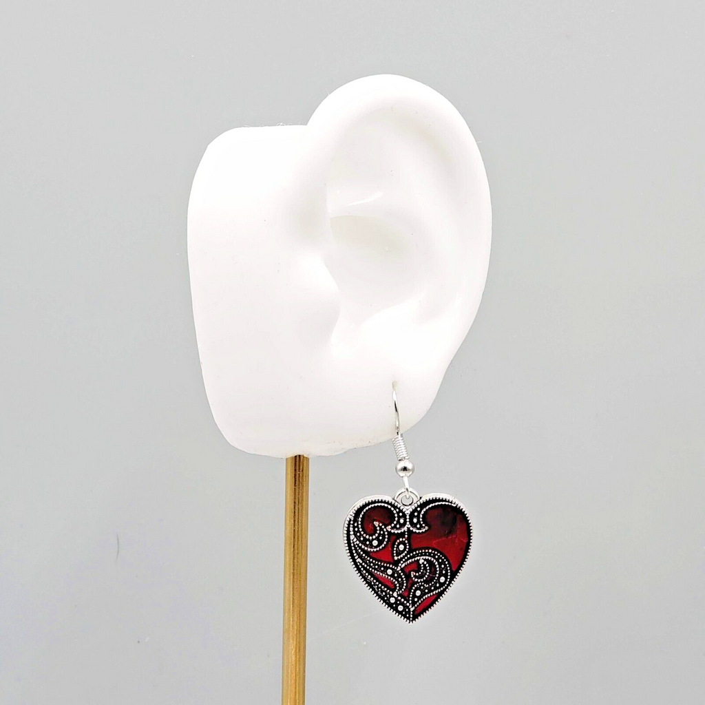 Satin Enamel Heart Pierced Earrings Black Swirl Accent Silver tone Dangle 1"