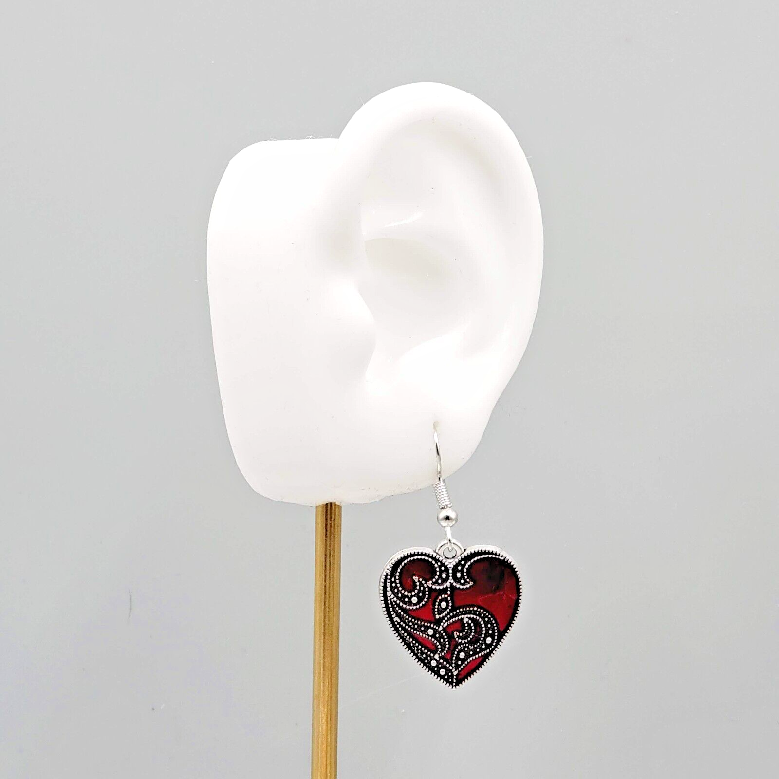 Satin Enamel Heart Pierced Earrings Black Swirl Accent Silver tone Dangle 1"