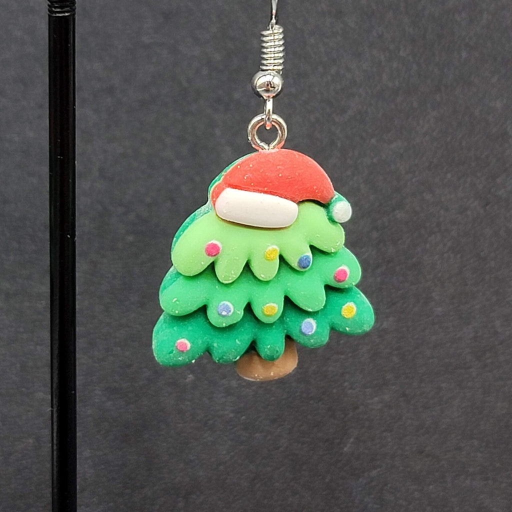 Christmas Tree Pierced Earrings Puffy 3D Dangle 1 1/8"