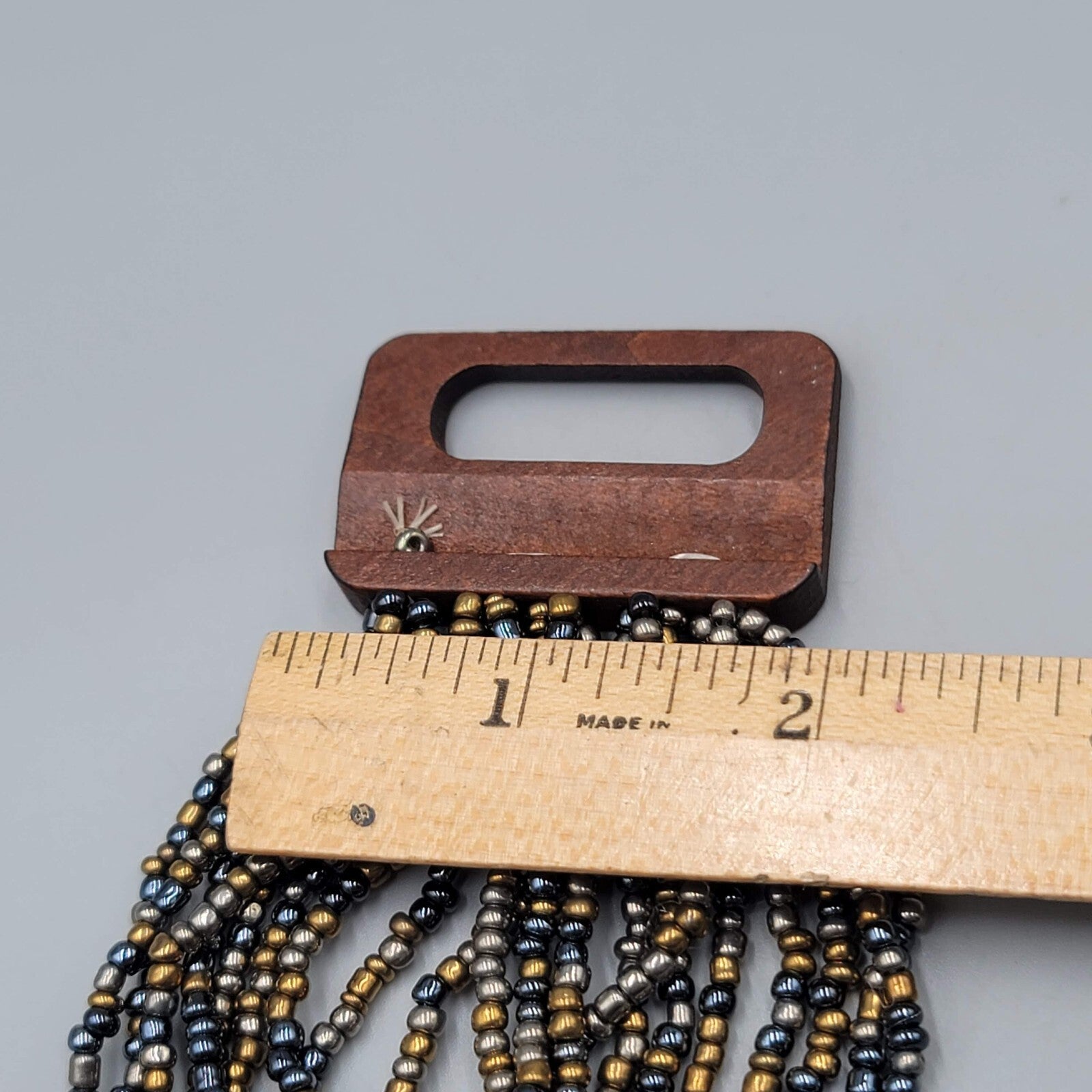 Wood Closure Wide Bracelet Multistrand Seed Bead 7"