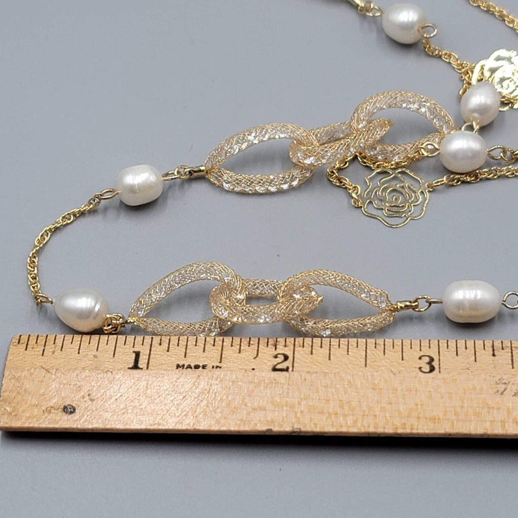 Long Dainty Pearl Necklace Gold Plated Mesh Clover Station 40"-42"