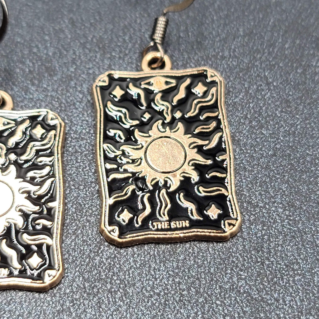 Tarot Card Pierced Earrings The SUN Gold tone Black 1"