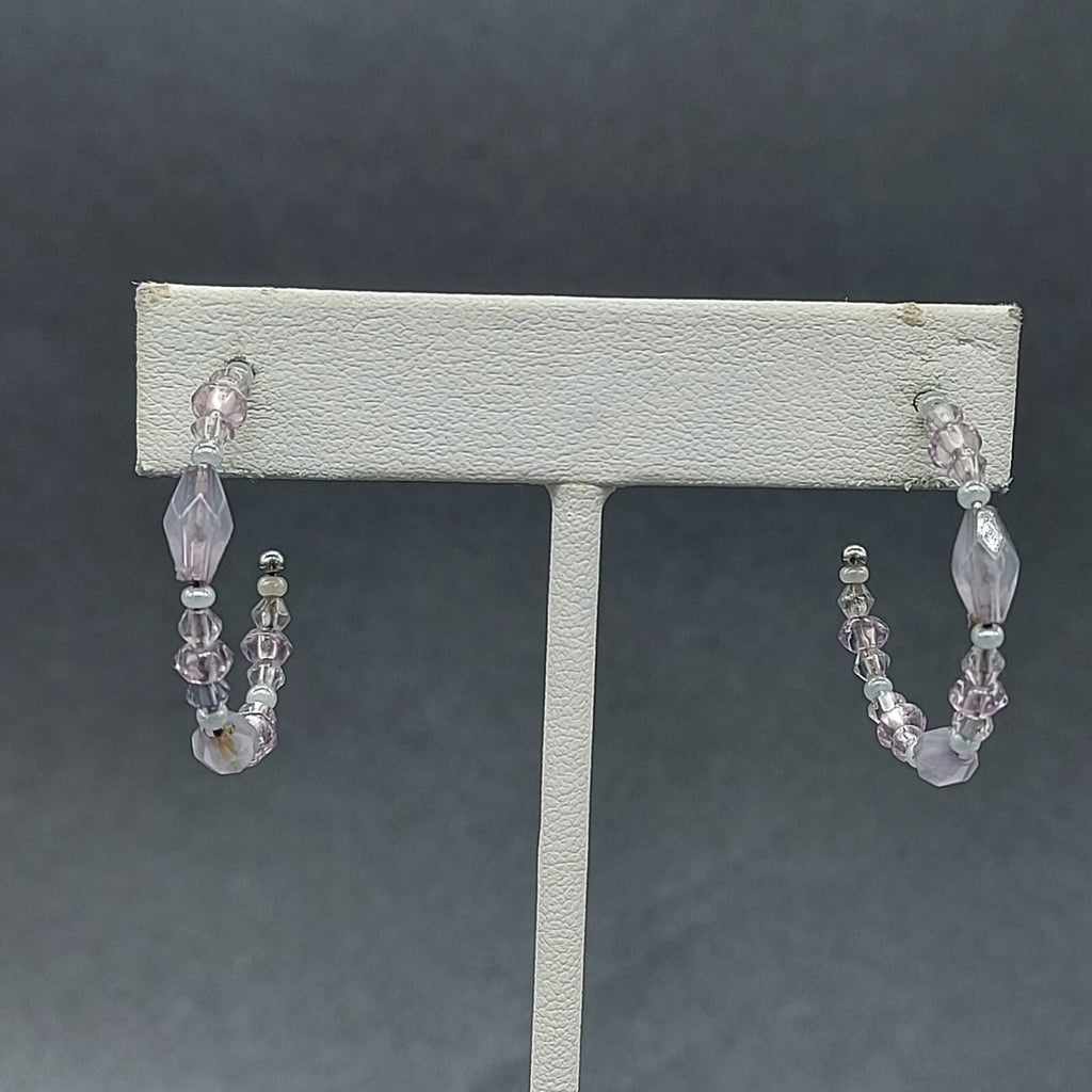 Liz Claiborne Pierced Earrings Silver tone Beaded Hoops Light Pink Purple 1 1/8"
